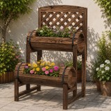 Cumpara ieftin Jardiniera decorativa cu suport pentru plante cataratoare, lemn, 2 nivele, tip butoi, 49x42x80 cm