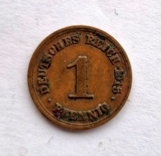 Germania 1 Reichpfennig 1915 F moneda din cupru km # 10 William II tiraj mic