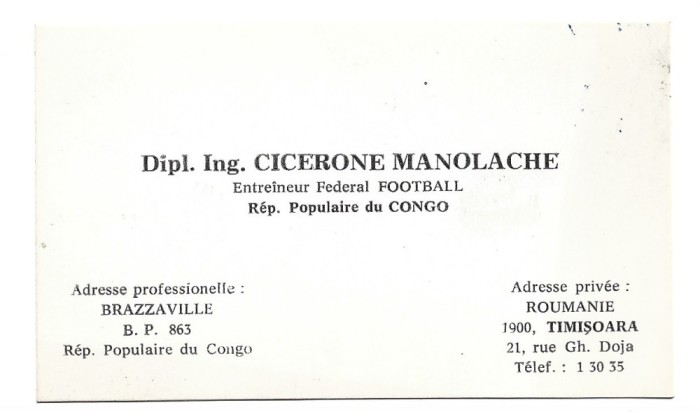Cicerone Manolache Carte de vizita Fotbalist POLI TIMISOARA 1975