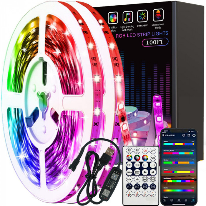 Kit Banda LED 5050 RGB, Wi-FI, Exterior IP65, Control Din Telefon Prin Internet, Telecomanda, Lumina Multicolora, 15 metri, Schimbare Culori Pe Ritmul