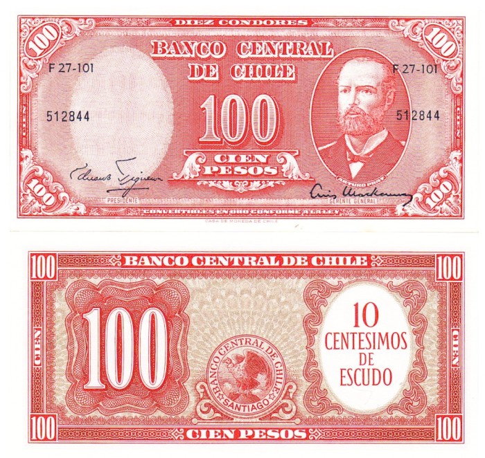 Chile 100 Pesos 1960-61 P-127b UNC