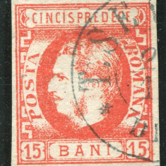 1869 , Lp 27 , Carol I favoriti 15 Bani rosu , stampila T. Severin , semnat