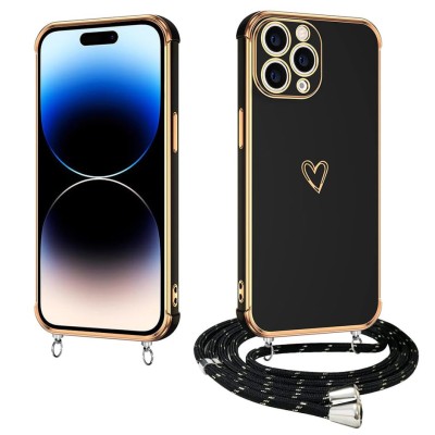 Husă cu șnur iPhone 15 Pro Love Heart culoarea neagra E-Lush foto