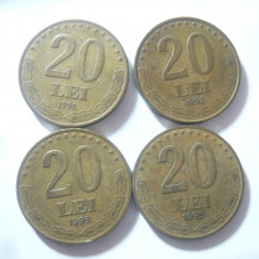 4 Monede Romania 20 lei 1991,1992,1993,1995 ,bronz , cal. buna- f.buna