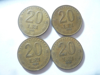 4 Monede Romania 20 lei 1991,1992,1993,1995 ,bronz , cal. buna- f.buna foto