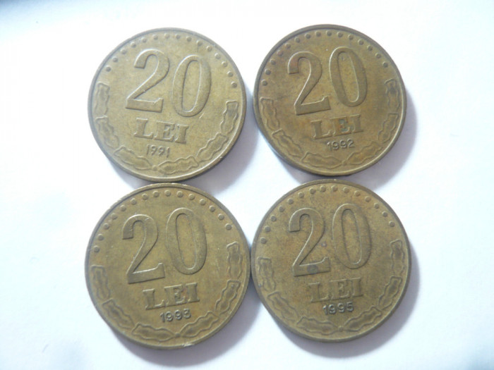 4 Monede Romania 20 lei 1991,1992,1993,1995 ,bronz , cal. buna- f.buna