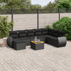 Set mobilier de gradina cu perne, 9 piese, negru, poliratan