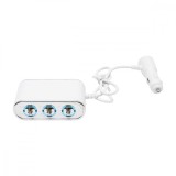 Adaptor bricheta auto tripla 12/24V alb cu intrerupator individual si 1 port USB 5V 2.1a