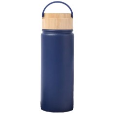 Sticla termos metalica Pufo Traveler cu capac etans din bambus, izoterm, 500 ml, albastru inchis