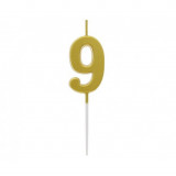 Lumanare tort cifra 9, auriu metalic, 9.5 cm