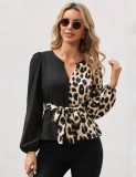 Bluza eleganta duo Negru Animal print, cu cordon in talie