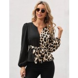Bluza eleganta duo Negru Animal print, cu cordon in talie