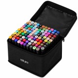 Cumpara ieftin Set profesional 100 markere multicolore cu doua capete, varf fin 1 mm si tesit 3-6 mm, suport organizator compartimentat si geanta