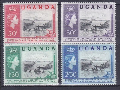 DB1 Uganda 1962 100 Ani Descoperirea Izvorului Nilului 4 v. MNH foto