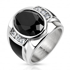 Inel din oțel cu decupaj oval negru, zirconii transparente și dungi negre - Marime inel: 61