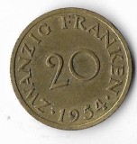 Moneda 20 franken 1954 - Saarland