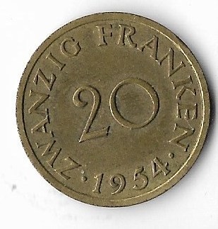 Moneda 20 franken 1954 - Saarland foto