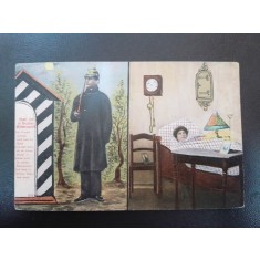 Carte postala, soldat si femeie in pat, inceput de secol XX