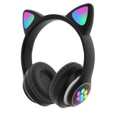 Casti audio bluetooth Cat Ear, difuzor 40 mm, 10 m, microfon, LED, urechi pisica, Negru, General