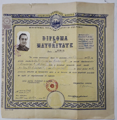 SCOALA MEDIE NR. 20 &amp;#039; GHEORGHE SINCAI &amp;#039; , DIPLOMA DE MATURITATE , ELIBERATA IN 1959 foto