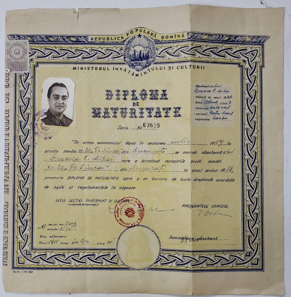 SCOALA MEDIE NR. 20 &#039; GHEORGHE SINCAI &#039; , DIPLOMA DE MATURITATE , ELIBERATA IN 1959