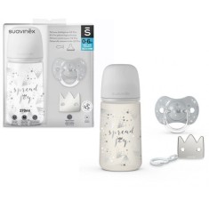 Set cadou biberon 270ml + suzetă 0-6m + clema silver premium, spread joy, suavinex