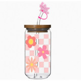 Pahar din sticla borosilicata transparenta.capac bambus si pai sticla,tematica florala, 470 ml