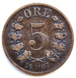 Norvegia 5 ORE 1907 moneda din bronz km # 349 tiraj mic rara regele OSCAR II