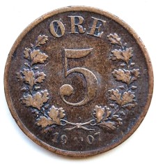 Norvegia 5 ORE 1907 moneda din bronz km # 349 tiraj mic rara regele OSCAR II
