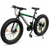 Cumpara ieftin Bicicleta Fat Bike, roti 26 inch, cadru 17 inch, schimbator Shimano, 21 viteze, frane pe disc, negru/verde