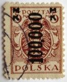 Timbru rar istoric Polonia 1923 &ndash; Hiperinflație, Supratipar 100.000 Mărci pe 5 Mk roșu-maron