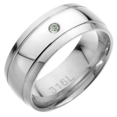 Inel din oțel - două dungi paralele, zirconiu transparent &icirc;n mijloc - Marime inel: 70
