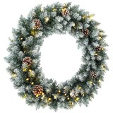 HOMCOM Coroniță de Crăciun 60 cm cu lumini LED, 8 moduri, 140 ramuri, conuri de pin, verde | Aosom Romania
