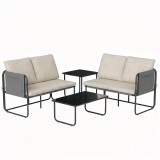 Outsunny Set Mobilier Grădină Exterior 4 Piese cu 2 Canapele 2 Locuri 2 Mese din Sticlă Perne Huse Detașabile și Buzunare Kaki | Aosom Romania