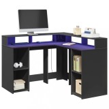 vidaXL Birou cu lumini LED, negru, 130x130x91 cm, lemn prelucrat