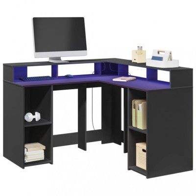 Gossi birou cu lumini led, negru, 130x130x91 cm, lemn prelucrat foto