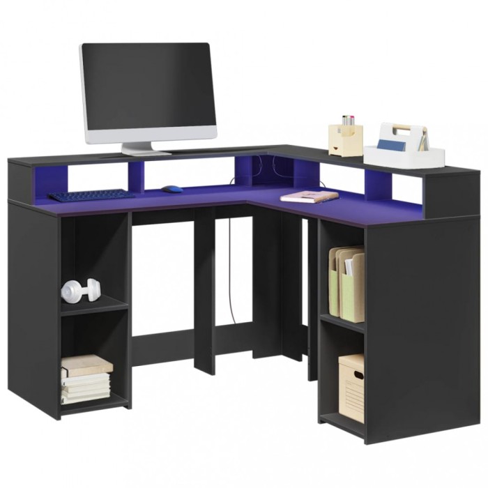 Gossi birou cu lumini led, negru, 130x130x91 cm, lemn prelucrat