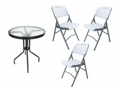 Set 3 Scaune Pliabile si Masa Rotunda cu Blat din Sticla pentru Curte, Gradina, Terasa sau Balcon, Diametru 60cm foto