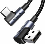 CABLU alimentare si date Ugreen, &quot;US176&quot;, Fast Charging Data Cable pt. smartphone, USB la USB Type-C 3A Complete Angled 90&Acirc;&deg;, braided, 3m, gri &quot;70875&quot;
