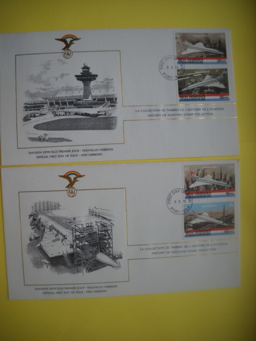 HOPCT PLIC FDC S NR 1015 SET 2 FDC NOILE HEBRIDE -ISTORIA AVIATIEI -FAI -FEDERATIA AERONAUTICA INTERNATIONALA 1978-AVION / AVIATIE