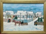 Tablou &icirc;n stil Artă Naivă Peisaj din Satul Bucovinean Iarna pictura inramata 41x56cm