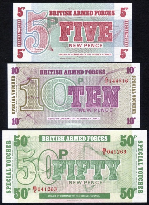 !!! MAREA BRITANIE , LOT VOUCHERE MILITARE - 5 + 10 + 50 PENCE (1972} - P M47 , 48 , 49 - UNC / TIPAR Bradbury Wilkinson