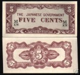 !!! RARR : MALAYA , OCUPATIA JAPONEZA - 5 CENTI (1942} - P M 2 b - UNC