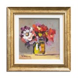 Cumpara ieftin Tablou inramat pictat manual, Vaza cu flori, parfum de sarbatoare, 30x30cm ulei pe panza in cutit efect 3D, Geo Ungureanu