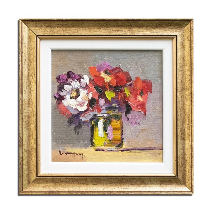 Tablou inramat pictat manual, Vaza cu flori, parfum de sarbatoare, 30x30cm ulei pe panza in cutit efect 3D, Geo Ungureanu