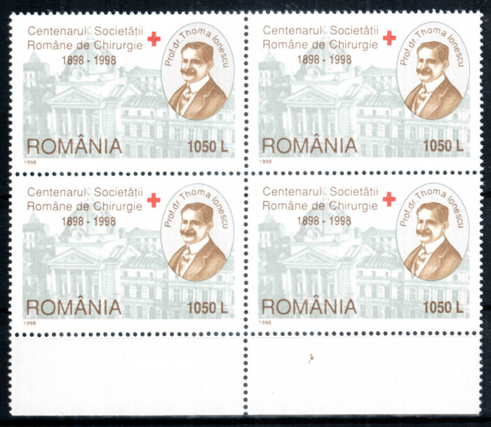 Romania 1998, LP 1453, Centenarul Societatii Romane Chirurgie, bloc de 4, MNH!