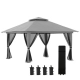 Cumpara ieftin Pavilion/foisor pentru gradina/terasa, pliabil, cu inaltime ajustabila, material Oxford, cadru metalic, plasa insecte, 4 contragreutati, gri, 3.92x3.9, ART