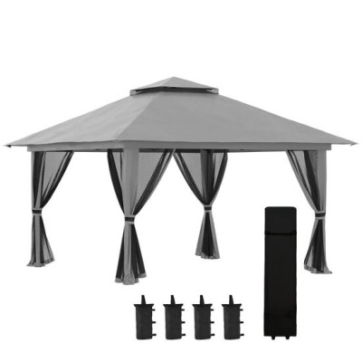 Pavilion/foisor pentru gradina/terasa, pliabil, cu inaltime ajustabila, material Oxford, cadru metalic, plasa insecte, 4 contragreutati, gri, 3.92x3.9 foto