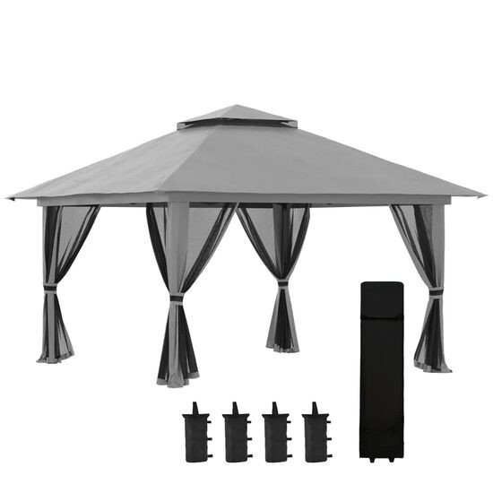 Pavilion/foisor pentru gradina/terasa, pliabil, cu inaltime ajustabila, material Oxford, cadru metalic, plasa insecte, 4 contragreutati, gri, 3.92x3.9