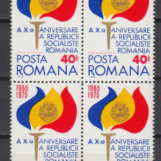 ROMANIA 1975 LP 872 - 10 ANI DE LA PROCLAMAREA R.S.R. BLOC DE 4 TIMBRE MNH